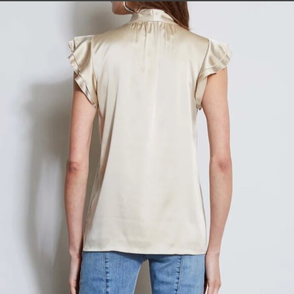 NWT Elie Tahari Gold Champagne Silk Satin Flutter Sleeve Shirt - Picture 5 of 8